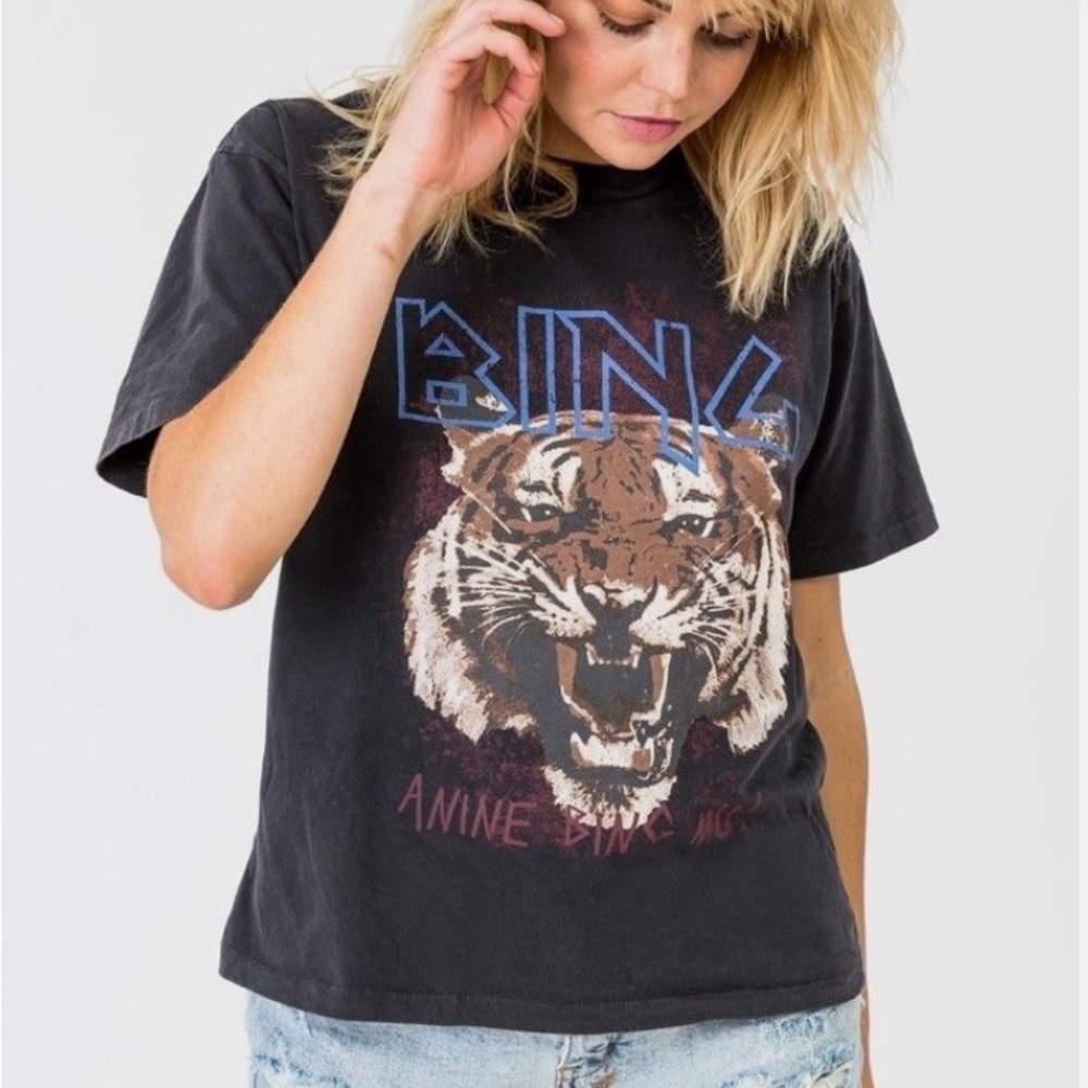 Anine Bing Black Tee with Tiger Graphic XS
